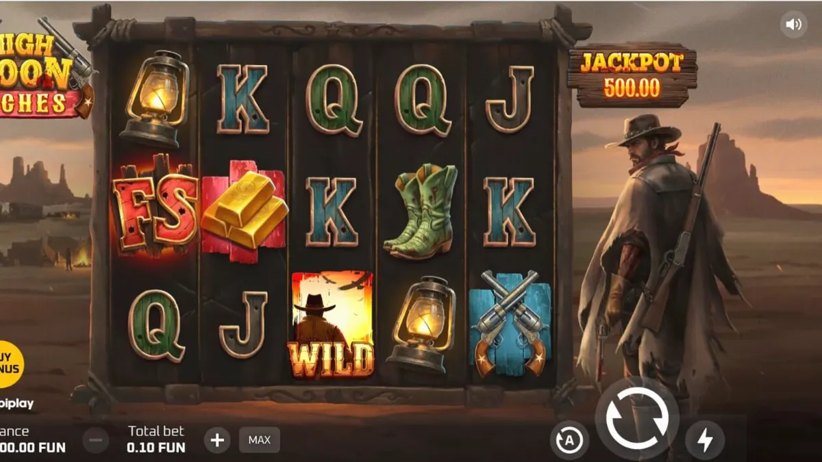 High Noon Riches slot machine interface na may Western theme at gintong simbolo