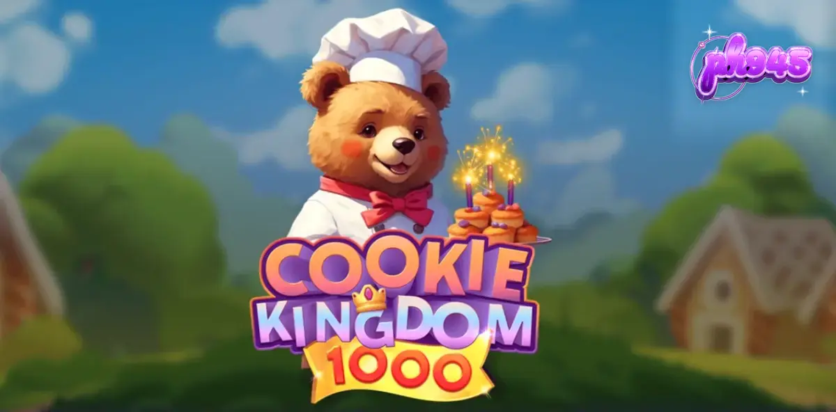 Ang makulay na grid ng Cookie Kingdom 1000 na puno ng mga kendi at simbolo ng baker bear.